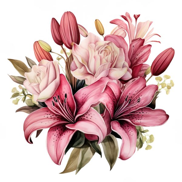 Pink Lily Bouquet Clipart: Watercolor Flowers (PNG, JPG, 300 DPI) — image 10