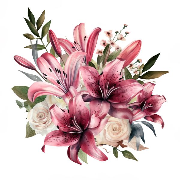 Pink Lily Bouquet Clipart: Watercolor Flowers (PNG, JPG, 300 DPI) — image 11