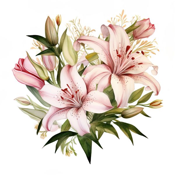 Pink Lily Bouquet Clipart: Watercolor Flowers (PNG, JPG, 300 DPI) — image 13