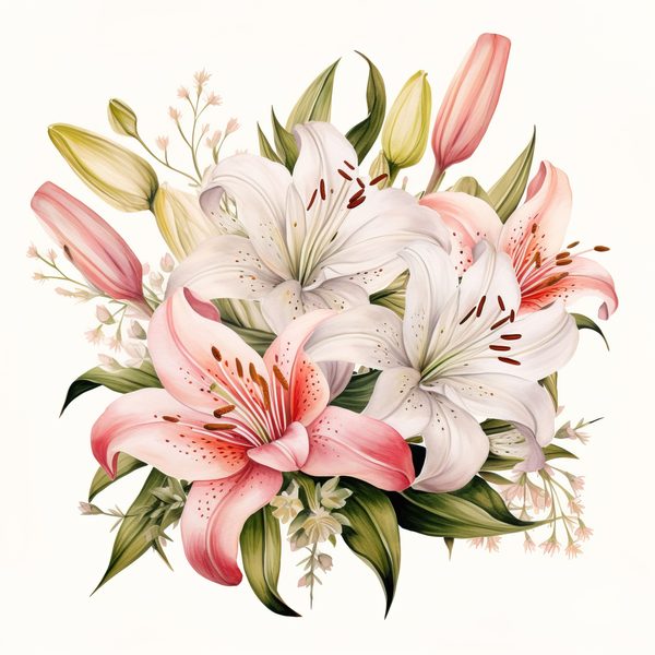 Pink Lily Bouquet Clipart: Watercolor Flowers (PNG, JPG, 300 DPI) — image 15