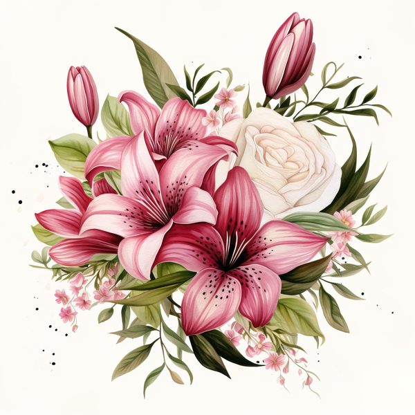 Pink Lily Bouquet Clipart: Watercolor Flowers (PNG, JPG, 300 DPI) — image 16