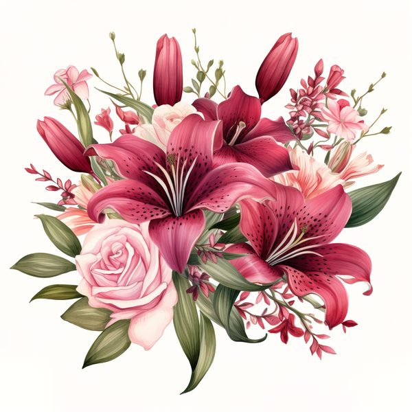 Pink Lily Bouquet Clipart: Watercolor Flowers (PNG, JPG, 300 DPI) — image 17