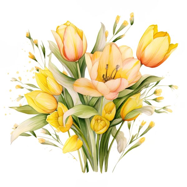 Watercolor Yellow Tulip Bouquet Clipart: Spring Flower Illustrations (JPG, PNG) — image 3