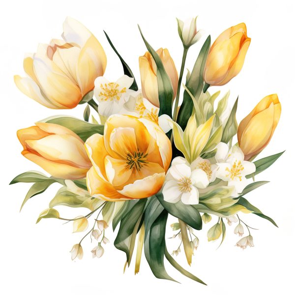 Watercolor Yellow Tulip Bouquet Clipart: Spring Flower Illustrations (JPG, PNG) — image 4