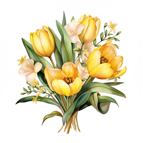 Watercolor Yellow Tulip Bouquet Clipart: Spring Flower Illustrations (JPG, PNG) — image 8