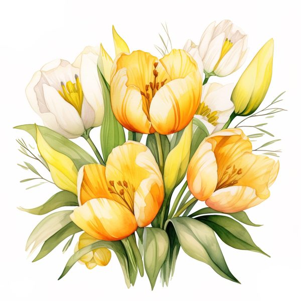 Watercolor Yellow Tulip Bouquet Clipart: Spring Flower Illustrations (JPG, PNG) — image 10