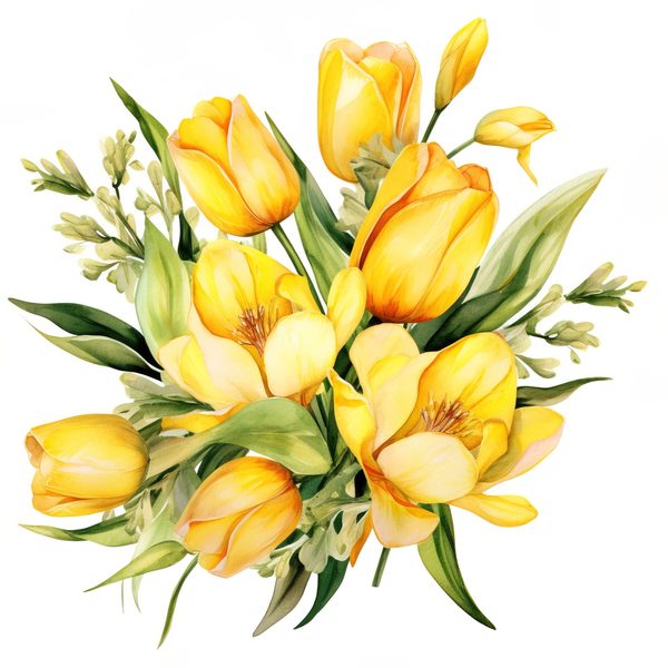 Watercolor Yellow Tulip Bouquet Clipart: Spring Flower Illustrations (JPG, PNG) — image 12