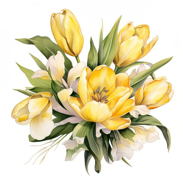 Watercolor Yellow Tulip Bouquet Clipart: Spring Flower Illustrations (JPG, PNG) — image 14