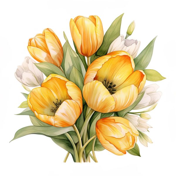 Watercolor Yellow Tulip Bouquet Clipart: Spring Flower Illustrations (JPG, PNG) — image 15