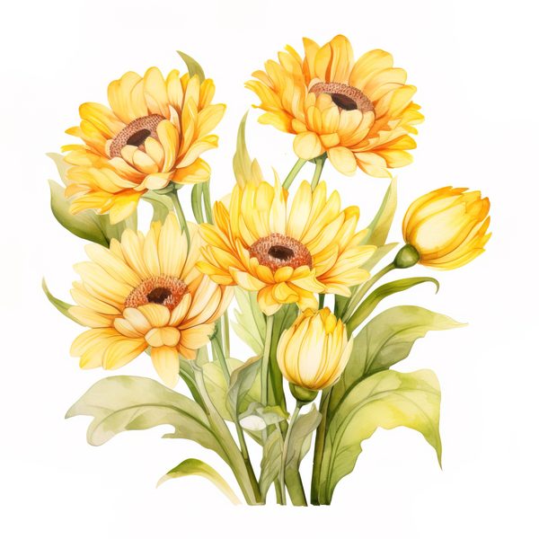 Yellow Daisy Watercolor Clipart: Floral PNG JPG (Digital Download) — image 4