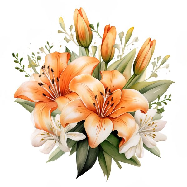 Watercolor Orange Lily Clipart: 10 PNG Graphics for Scrapbooking (Commercial Use, 6x6 inches) — image 1