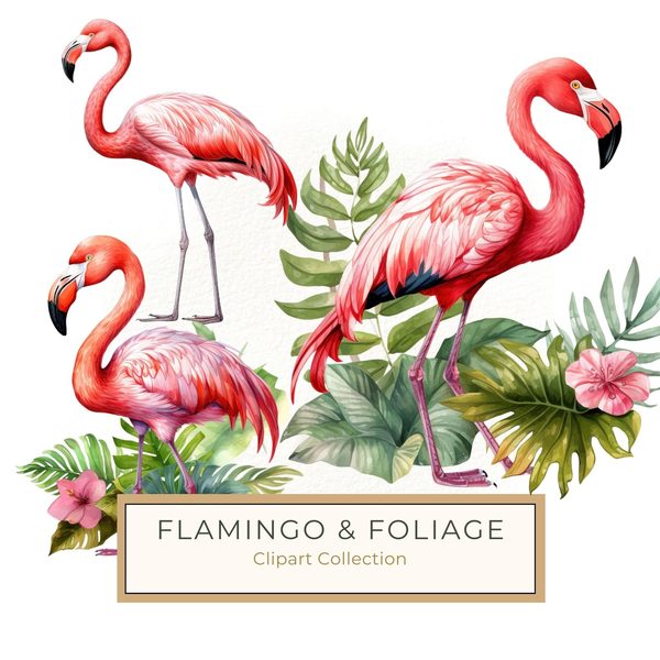 Tropical Flamingo Watercolor Clipart: Lush Palm Leaves (JPG, PNG)