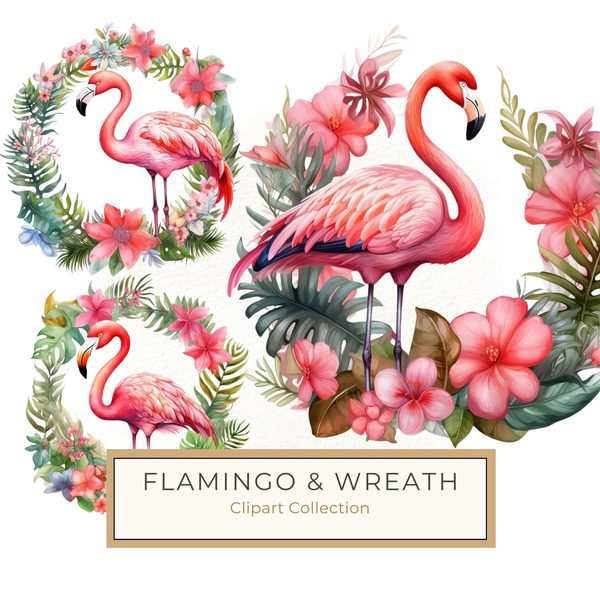 Flamingo Clipart: Tropical Wreath PNG, Art Printable (Commercial Use)