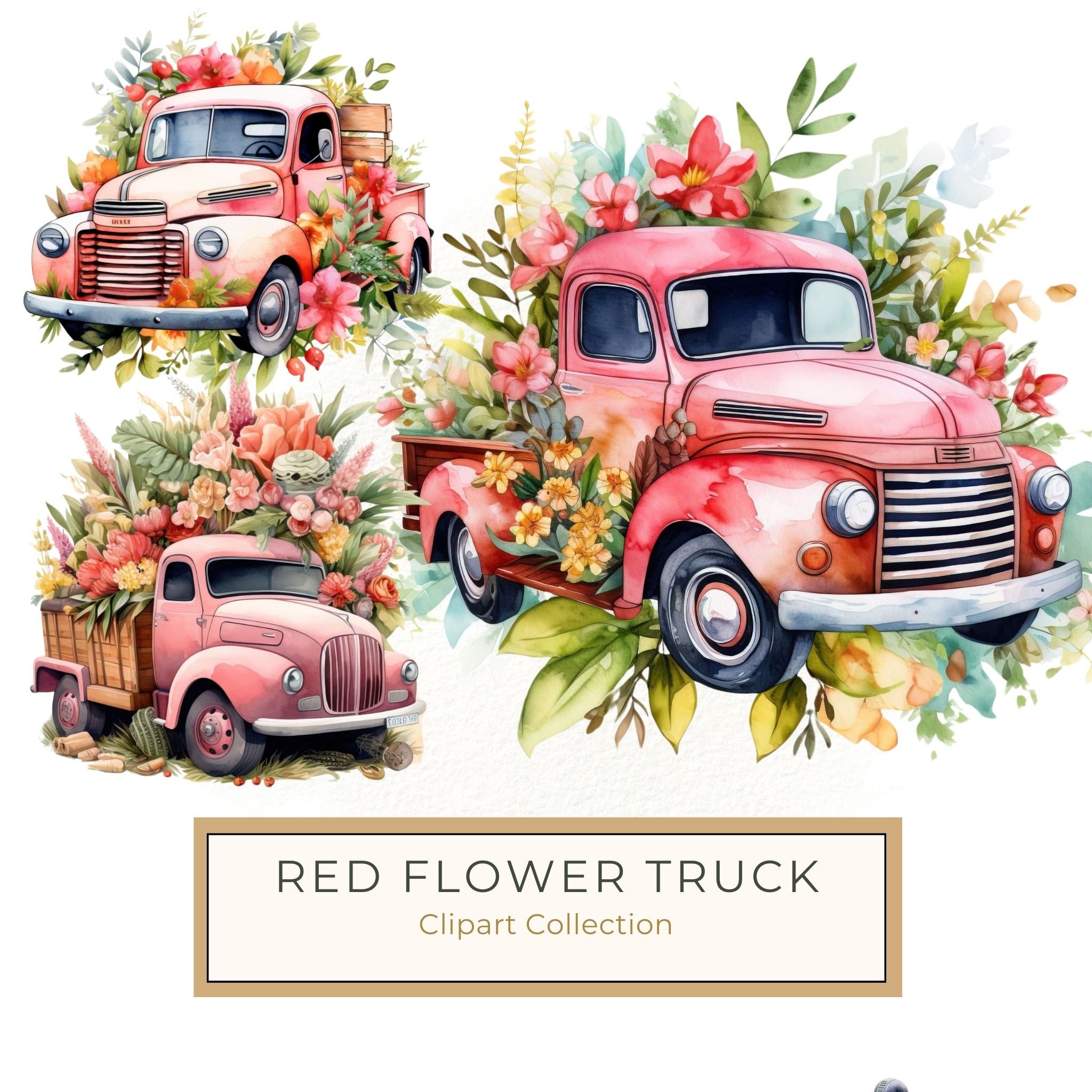 Vintage Pink Truck Clip Art: Boho Floral Watercolor (JPG, PNG Download)