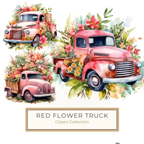 Vintage Pink Truck Clip Art: Boho Floral Watercolor (JPG, PNG Download)