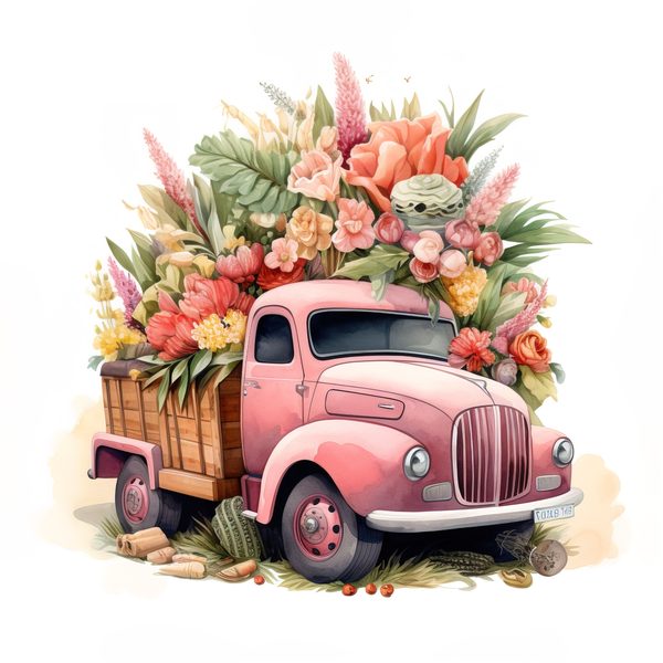 Vintage Pink Truck Clip Art: Boho Floral Watercolor (JPG, PNG Download) — image 1