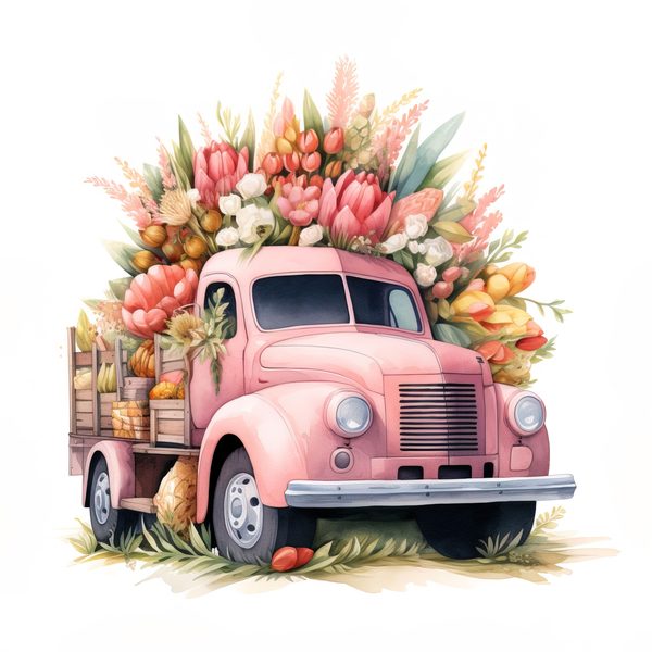 Vintage Pink Truck Clip Art: Boho Floral Watercolor (JPG, PNG Download) — image 2