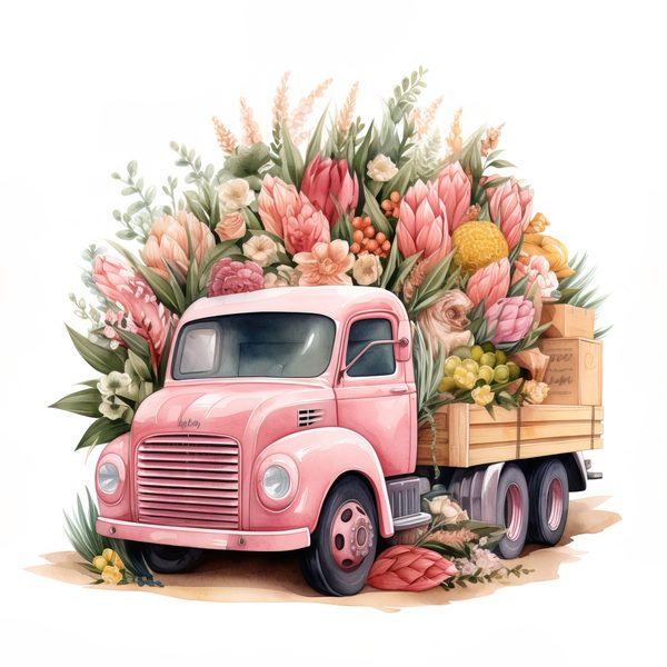 Vintage Pink Truck Clip Art: Boho Floral Watercolor (JPG, PNG Download) — image 3