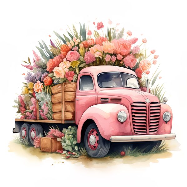 Vintage Pink Truck Clip Art: Boho Floral Watercolor (JPG, PNG Download) — image 4