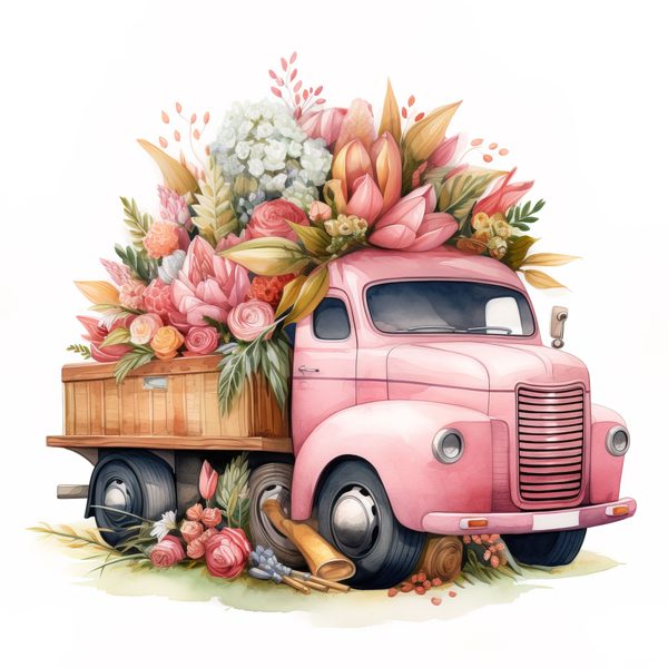 Vintage Pink Truck Clip Art: Boho Floral Watercolor (JPG, PNG Download) — image 5