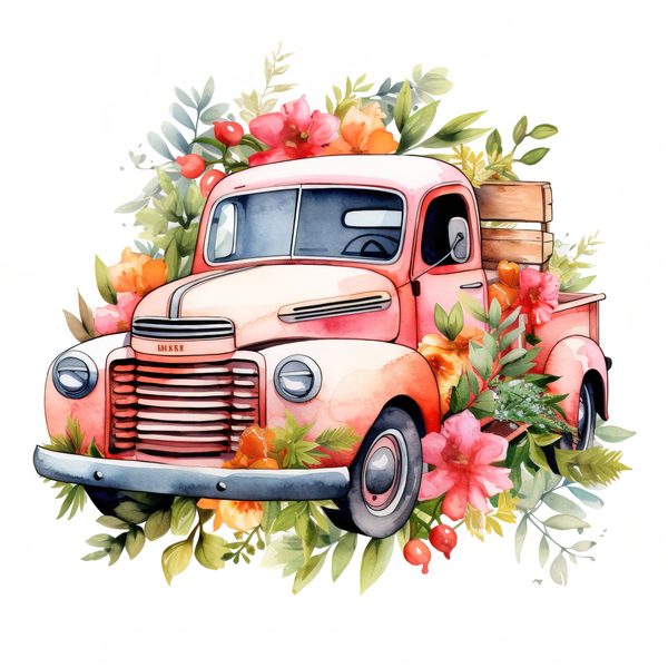 Vintage Pink Truck Clip Art: Boho Floral Watercolor (JPG, PNG Download) — image 6