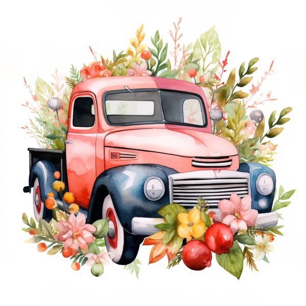Vintage Pink Truck Clip Art: Boho Floral Watercolor (JPG, PNG Download) — image 7
