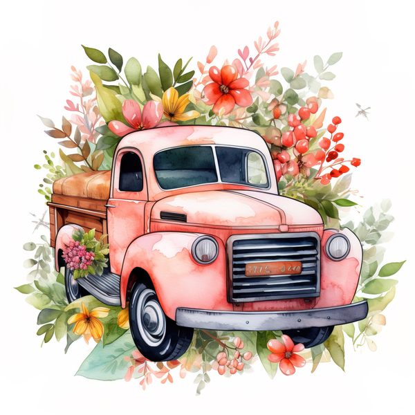 Vintage Pink Truck Clip Art: Boho Floral Watercolor (JPG, PNG Download) — image 9