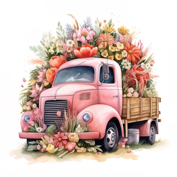 Vintage Pink Truck Clip Art: Boho Floral Watercolor (JPG, PNG Download) — image 10