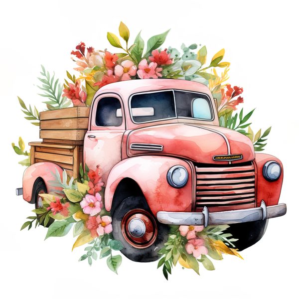 Vintage Pink Truck Clip Art: Boho Floral Watercolor (JPG, PNG Download) — image 11