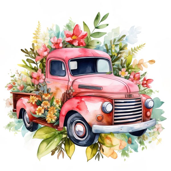 Vintage Pink Truck Clip Art: Boho Floral Watercolor (JPG, PNG Download) — image 12