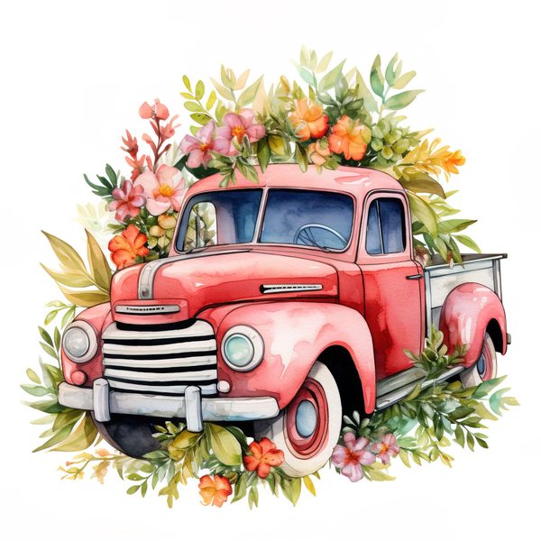 Vintage Pink Truck Clip Art: Boho Floral Watercolor (JPG, PNG Download) — image 13