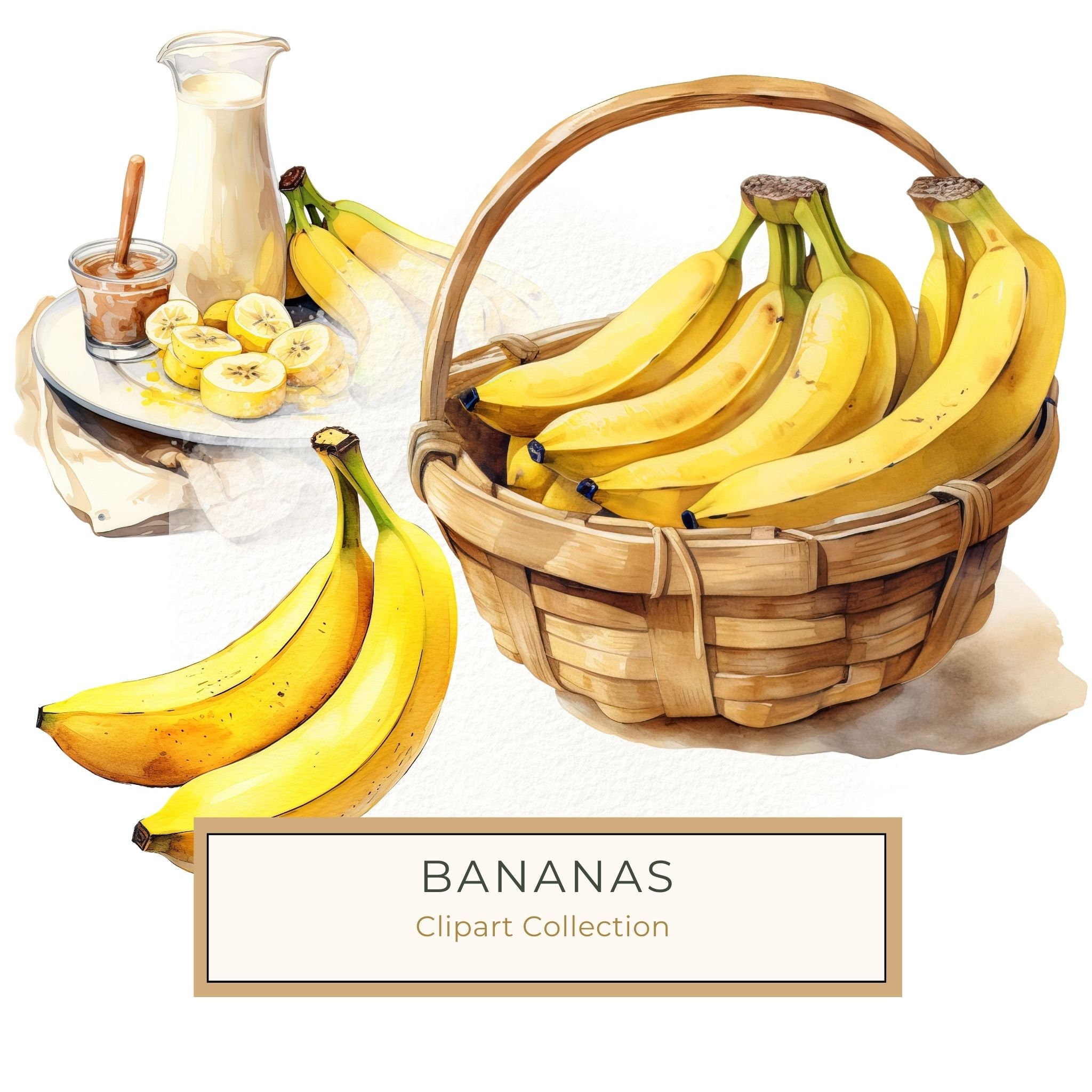 Watercolor Banana Clipart: Fruit Basket PNG, Commercial Use (Digital Download)