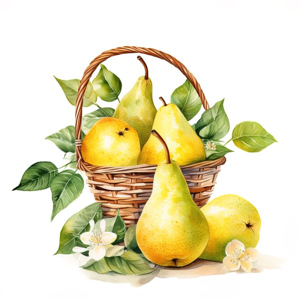 Watercolor Pears Clipart: Fruit Basket, Pear Juice Art (PNG JPG Digital Download) — image 11