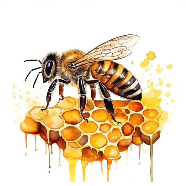 Watercolor Honeybee Clipart: Honeycomb & Flowers (Digital Art) — image 3