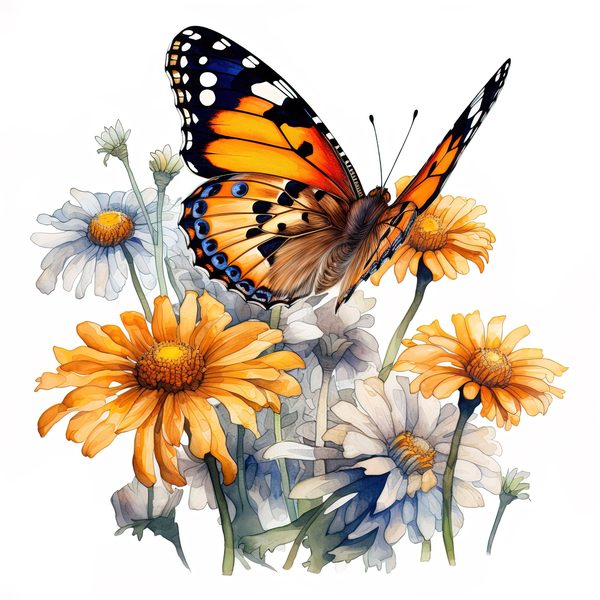 Watercolor Painted Lady Butterfly Clipart: Orange Daisies (JPG, PNG) — image 5