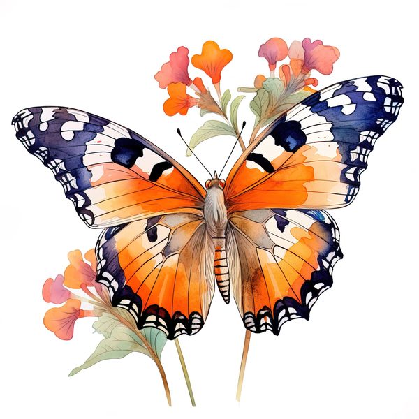 Watercolor Painted Lady Butterfly Clipart: Orange Daisies (JPG, PNG) — image 8