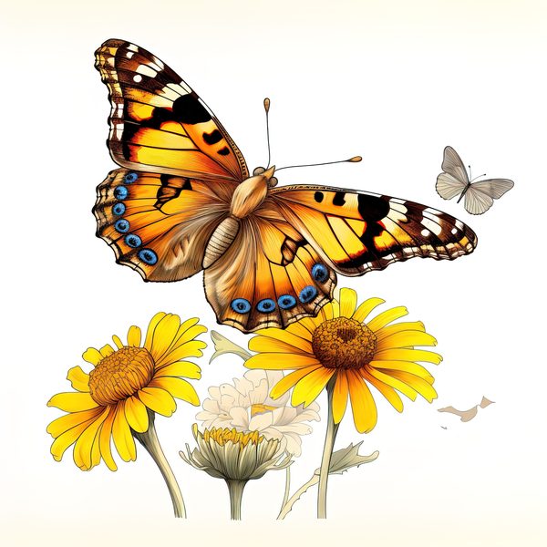 Watercolor Painted Lady Butterfly Clipart: Orange Daisies (JPG, PNG) — image 12