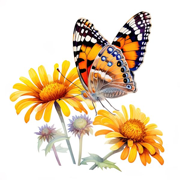 Watercolor Painted Lady Butterfly Clipart: Orange Daisies (JPG, PNG) — image 13