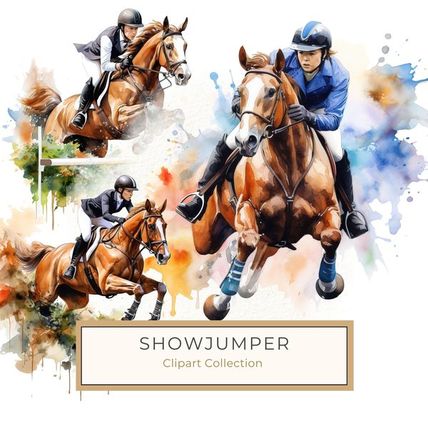 Watercolor Showjumping Clipart: Equestrian Art Illustration (Digital Download, Commercial Use)