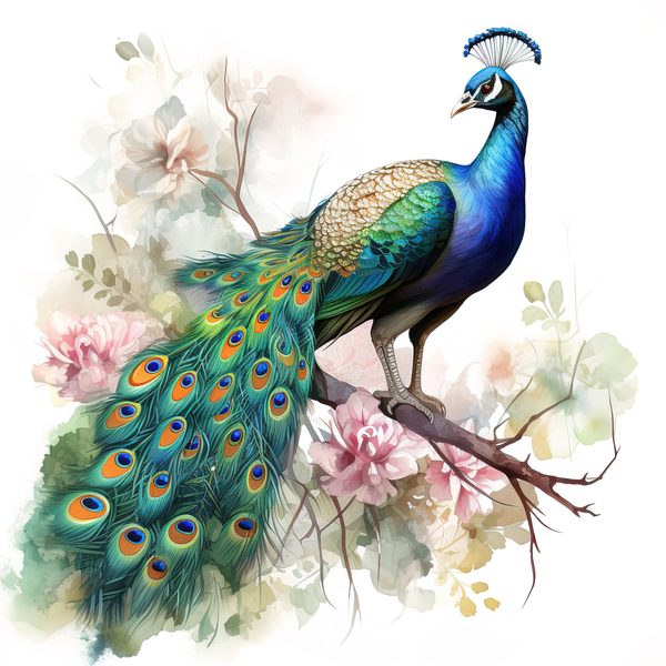 Watercolor Peacock Clipart: Tropical Floral Bird Art (Digital Download, Commercial Use) — image 11