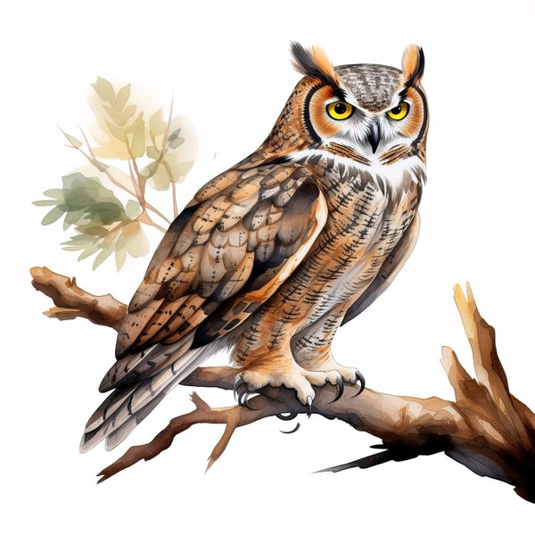 Watercolor Horned Owl Clipart, Woodland Art, Commercial Use — image 2