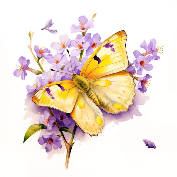 Watercolor Orange Sulphur Butterfly Clipart: Purple Flowers (JPG, PNG) — image 1