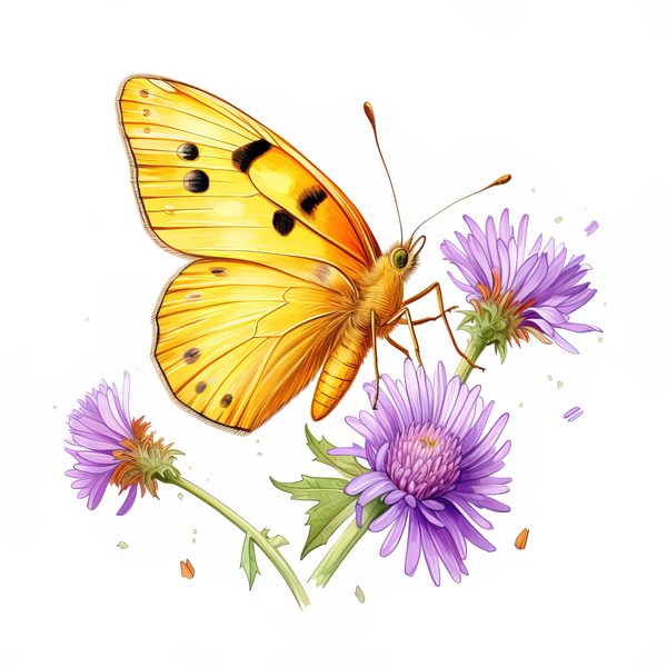 Watercolor Orange Sulphur Butterfly Clipart: Purple Flowers (JPG, PNG) — image 2