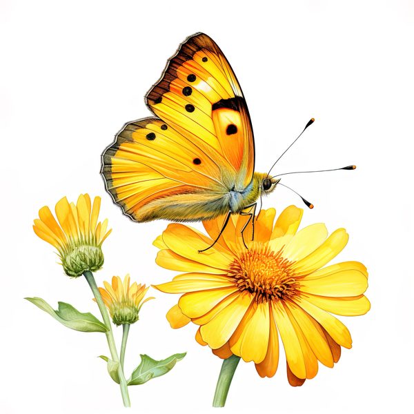 Watercolor Orange Sulphur Butterfly Clipart: Purple Flowers (JPG, PNG) — image 3
