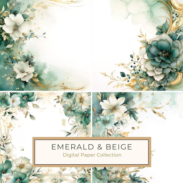 Emerald Floral Digital Paper: Watercolor Flower Graphics (JPG, 300 DPI)