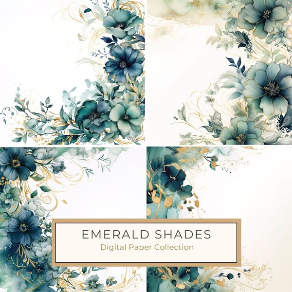 Emerald Navy Floral Digital Paper: Watercolor Flower Graphics (300 DPI JPG)
