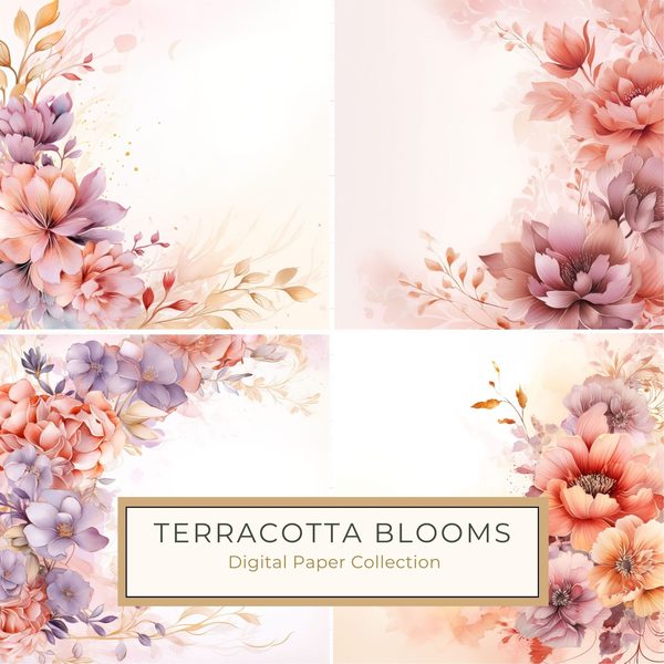 Terracotta Blooms Digital Paper: Watercolor Floral Graphics (300 DPI JPG)