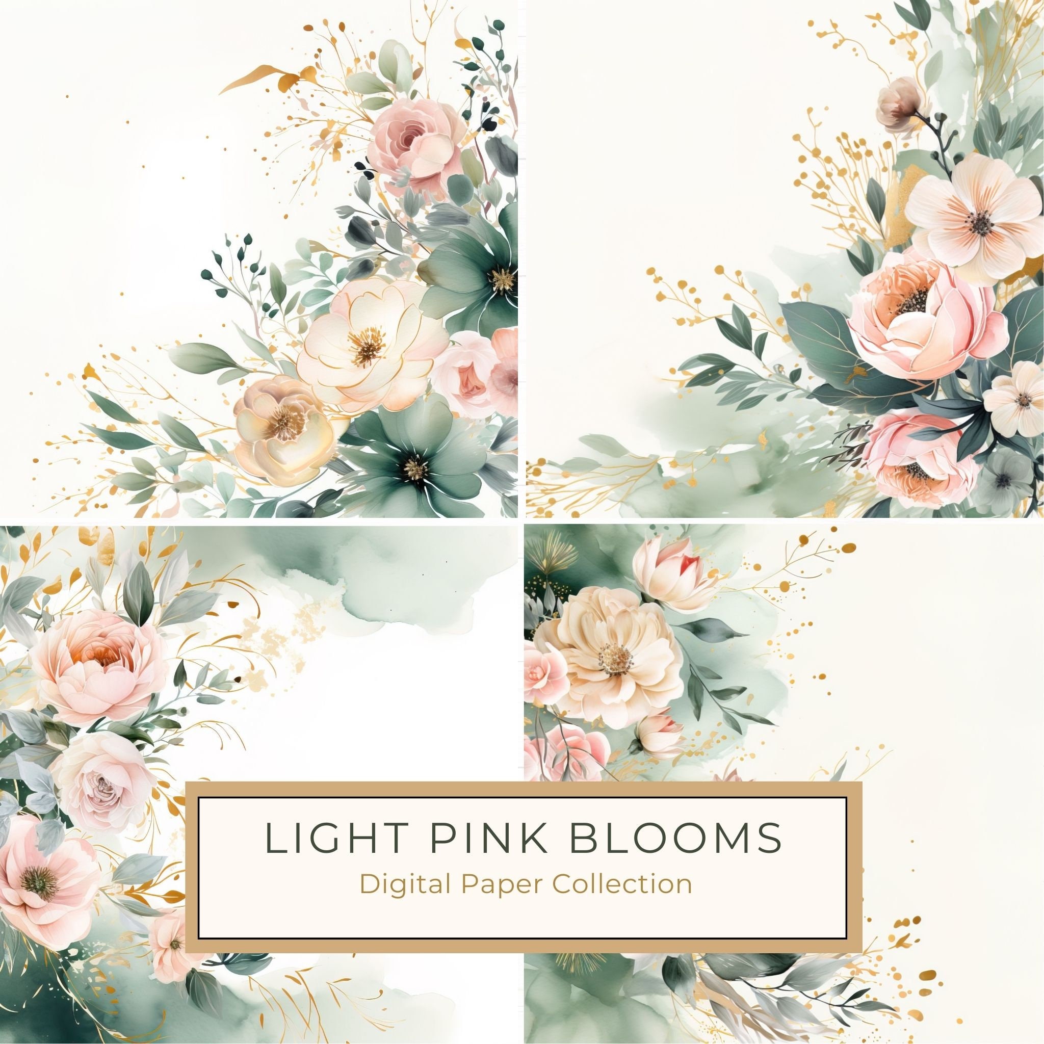 Light Pink Floral Digital Paper: Watercolor Flower Graphics (JPG, 300 DPI)