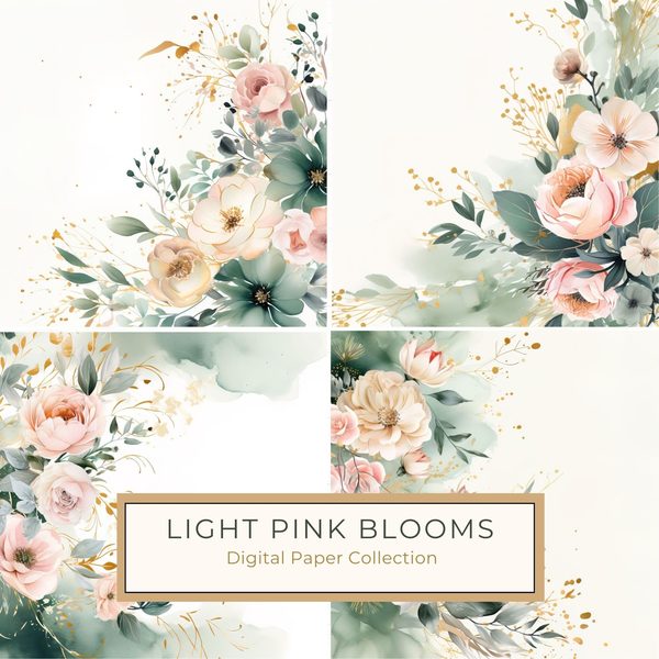 Light Pink Floral Digital Paper: Watercolor Flower Graphics (JPG, 300 DPI)