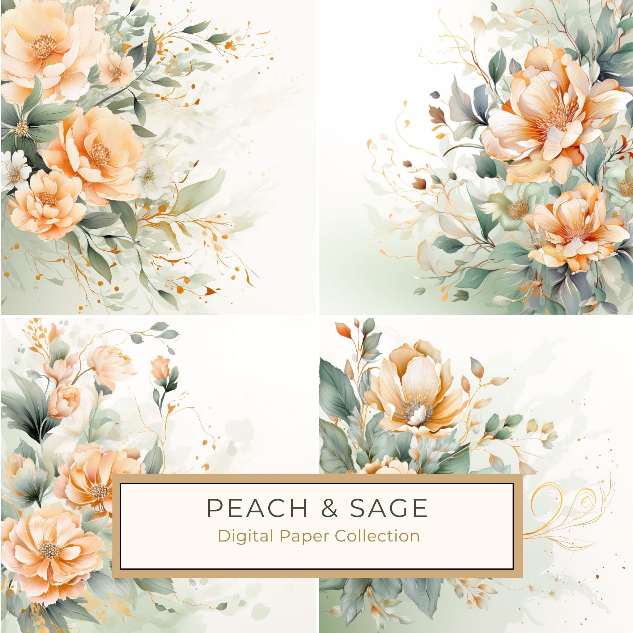 Peach & Sage Floral Digital Paper: Watercolor Flower Graphics (300 DPI JPG)